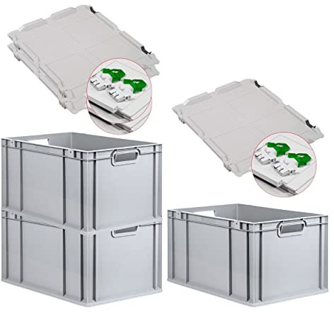PROREGAL SuperSparSet 3x Eurobox NextGen Grip mit Scharnierdeckel und grünen Schiebeschnappverschlüssen, HxBxT 32x40x60cm, 65 L, Grau, Griffe offen, Eurobehälter, Transportbox