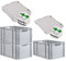 PROREGAL SuperSparSet 3x Eurobox NextGen Grip mit Scharnierdeckel und grünen Schiebeschnappverschlüssen, HxBxT 32x40x60cm, 65 L, Grau, Griffe offen, Eurobehälter, Transportbox