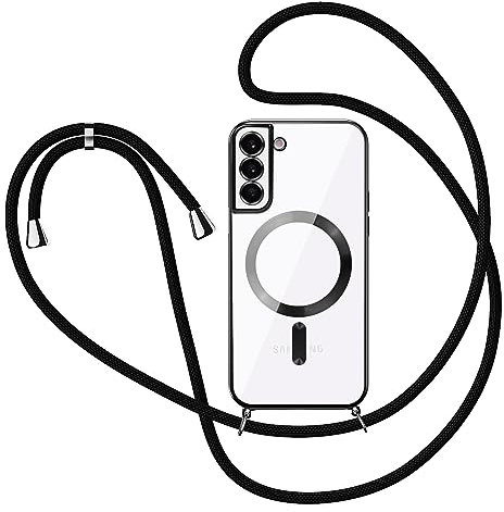 TVVTPU Handykette für Samsung Galaxy S22 Hülle mit Band, Magnetisch Handyhülle Samsung S22 5G Transparent Anti-Vergilbung Stossfest Schutzhülle mit Kette zum Umhängeband, Schwarz