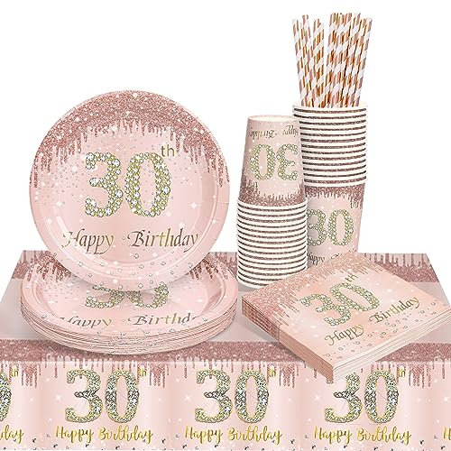 Rosegold Partygeschirr Set, 30. Rosegold Geburtstag Party Geschirr Pappteller Set, Tischdeko Geburtstag Mädchen mit Tischdecken Tassen Strohhalme Servietten für Geburtstagsdeko Mädchen Partys 16 Gäste
