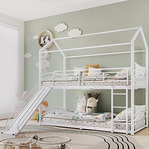 Dolamaní Hausbett mit Leiter und Rutsche 90 x 200cm, Metallrahmen für Hochbett, Kinderbett mit Fallschutz, Geeignet für Jungen und Mädchen, Weiß