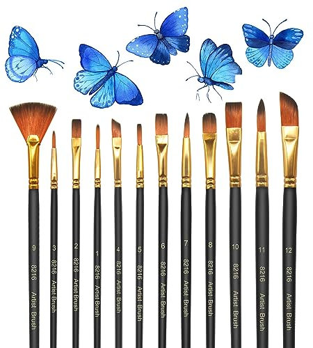 MOXYOY Pinsel Set,12 Stück Nylonpinselset Acrylfarben Kunstpinsel, Feiner Pinsel,Stifte mit Glatter Spitze, Korpus aus Holz,Geeignet für Acrylfarben,Aquarelle,Öle und Gouache