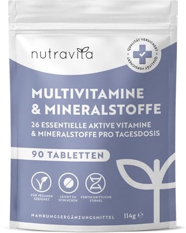 Multivitamines et Minéraux - 90 Comprimés 26 Nutriments dont Zinc Fer Selenium Vitamine C A B D3 E K - Vitamines, Minéraux et Compléments Vegan Haute Absorption - Nutravita