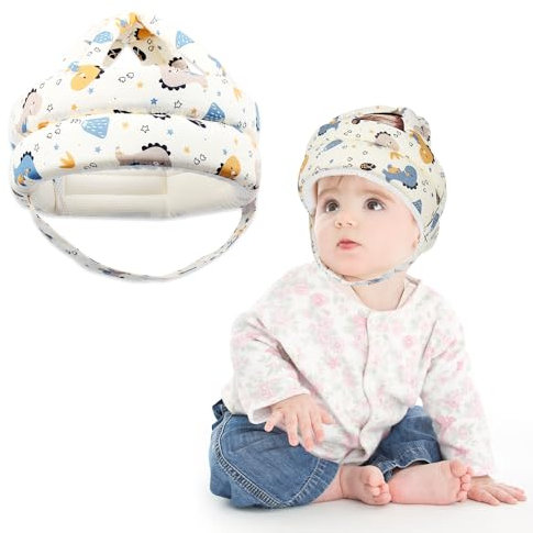BNGXR Baby Kopfschutz Schutzhelm,Baby Helm,Ultraleicht,Kleiner Blauer Dinosaurier,Kopfschutz Baby,Baby Sicherheitshelm,Baumwolle Verstellbar Weicher Helm zum Klettern,für 6 Bis 36 Monate Baby