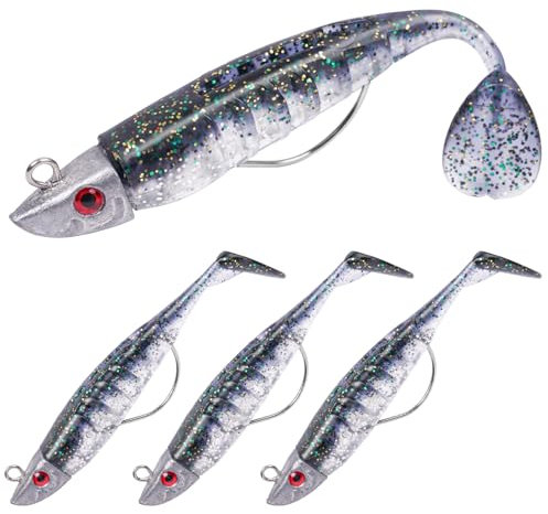 HOTUT Gummifische Set, 3 Stücke Angelköder mit Jigkopf, Gummiköder für Forelle Zander Barsch, Kunstköder Angelausrüstung, Kunstköder Hechtt Köder, Süß & Salzwasser, Männer Angelgeschenke