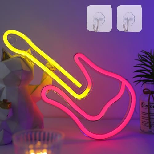 WIOSOUL Music Neon Sign Music Note Neon Sign Guitar Neon Light with 2 Hooks Battery/USB Powered Neon Light Music Led Neon Light Neon Wall Light for Home Bedroom Christmas Party Decor(Red/Yellow)