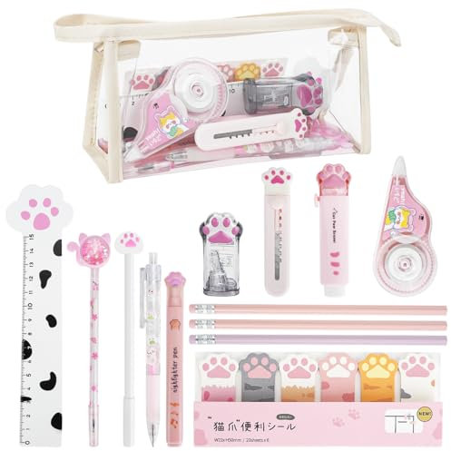 13 PCS Niedliche Katzenpfoten Pfote Schreibwaren Set, Kawaii Cartoon Mini Bleistiftspitzer Einziehbarer Radiergummi, Korrekturband, Punktierstifte, Lineal, Haftnotizen für Katzenliebhaber