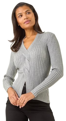 Roman Originals Cable Split Detail Rib Jumper for Women UK - Ladies Everyday Autumn Winter V-Neckline Comfy Soft Evening Vacation Work Party Night Out - Grey - Size 10