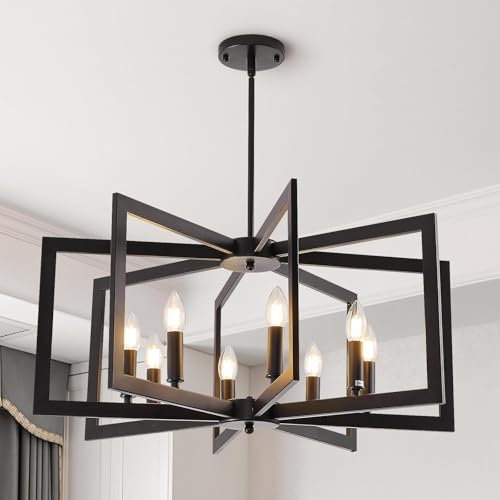 HvKvHvY Vintage lampe wohnzimmer,E14 Geometrische Bauernhaus Hängeleuchte 8-Licht Industrielle Metall Deckenleuchten Wohnzimmer Für Kücheninsel Flur Esszimmer Eingang (Schwarz)