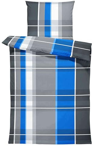 one-home Biber Bettwäsche 135x200 cm kariert gestreift blau Winter Flausch Warm Baumwolle