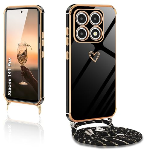 XCYYOO Handykette für Xiaomi 14T Pro Hülle mit Band,Handyhülle Xiaomi 14T Pro mit Kette Love Design Galvanik Silikon Stoßfest Schutzhülle mit Kordel zum Umhängen Kameraschutz, Schwarz