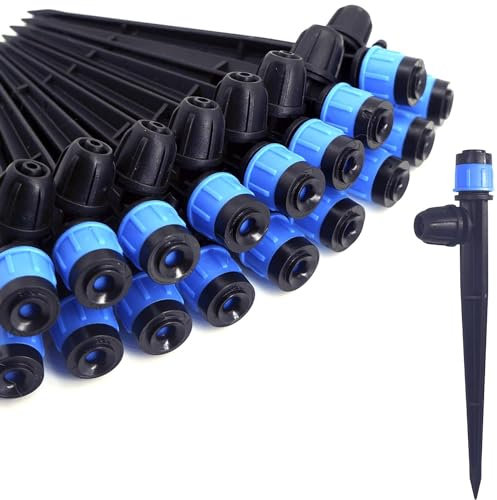 Wzzy Gurden Emisores de riego por Goteo de 100 Piezas con estaca, rociador de Ventilador Ajustable de 360 °, gotero de púas con Bloqueo de Flujo de Agua para tubería de riego por Goteo de 1/4