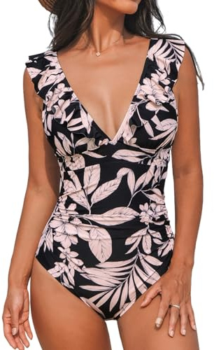 CUPSHE Women's One Piece Swimsuit Ruffled Lace Up Beach Swimwear Tummy Control Bathing Suit Swimming Costume Black/Beige Floral XS