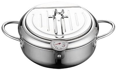 Olla Para Freidora de 3,4 L,Olla Japonesa con Termómetro,Olla Japonesa Tempura de 9,8 Pulgadas,Olla Pequeña de Acero Inoxidable con Tapa y Escurridor para Patatas Fritas,Camarones,Pescado