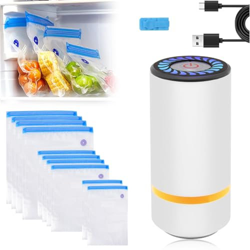 Sellador al Bolsas de Alimentos, Mini Bomba de Envasadora al Vacío Doméstica Portátil con 10 Bolsas Reutilizables, Selladoras de Vacíos para Alimentos Secos o Húmedos Aperitivos (USB-C)