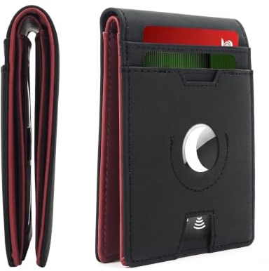 MOIRENTO Airtag Wallet Slim, Leather, Credit Card Holder RFID Blocking Thin Bifold Trifold Billfold Air Tag, Front Pocket Wallet, for Men, Women Black Light Red UK