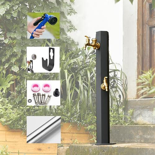 Outdoor Edelstahl Wasserbrunnen Wasserhahn mit sechseckiger Wassersäule und Schlauchständer Gartendekor mit Spritzpistole