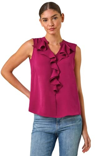 Roman Women Frill Front Vest Top Ladies Ruffle Blouse Summer Spring Special Occasion Evening Holiday Cruise Cocktail Party Short Long Sleeve Sleeveless V-Neck - Cerise - Size 10