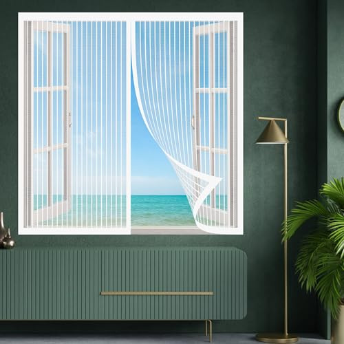 Fly Screens for Windows that Open Inwards 170 x 100 cm Magnetic Window Screen Insect Mesh Without Drilling Self-Adhesive Tape for Air Conditioner Room Window, White