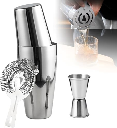 LEKEFETO Boston Ensemble de shaker à cocktail en acier inoxydable 600 ml et 450 ml avec tamis et verre doseur, mixeur à martini en métal, accessoires de bar de qualité supérieure, shaker professionnel