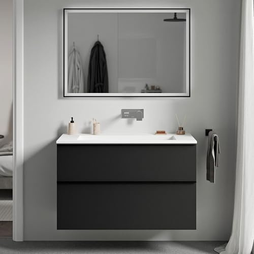 BERNSTEIN - Waschtisch zum Aufhängen, Badezimmer, MDF, Schwarz, matt, Mineralguss, Weiß, matt, ohne Hahnloch, Metallgriff, Anthrazit, matt, 80 x 46 x 62 cm – LAVOA