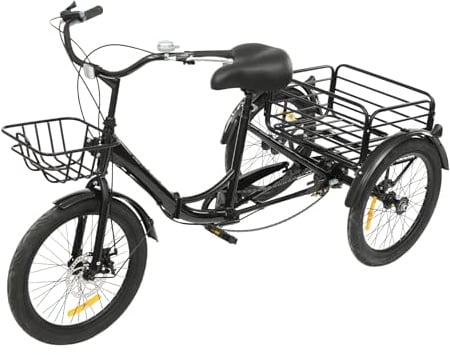Mqwdxzfes 20 Zoll Faltbares Dreirad für Erwachsene, 7-Gang 3-Rad Fahrrad mit Vor- und Rückkorb, Schloss & Verstellbarer Sitz, Einkauffahrrad Seniorenfahrrad für Einkaufen, Freizeit, Sport