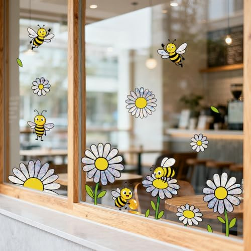 ANATTASOUL Gänseblümchen und Bienen Fensterbilder for Frühling Sommer | Doppelseitig Blickdichter Badezimmer Fensterbilder Schlafraum Wiederverwendbare Fensterbilder Frühling for Winter Herbst