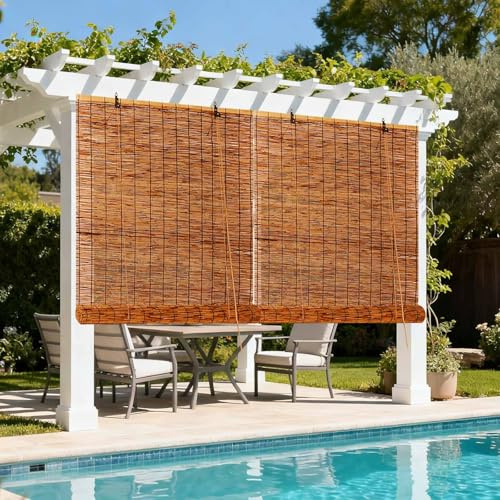 Natural Bamboo Blinds No Drilling 55 90 100 110 120 140 150 160 180cm Outdoor Roller Blinds Waterproof Roman Blind for Windows Shutters Kitchen Garden Porch Shades Easy to Install Brown(W140xH120cm)