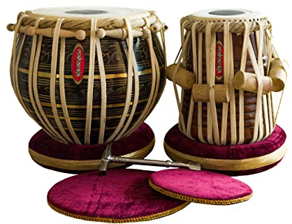 Maharaja Black Painted Tabla Drum Set, Brass Bayan, Finest Dayan with Book, Hammer, Cushions and Cover (pdi-ea)