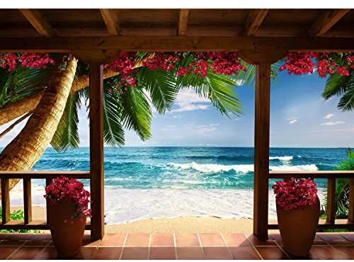 Runa Art Fototapete Strand und Meer Palmen 352 x 250 cm Vlies Tapeten XXL Moderne Wandtapete Wohnzimmer Schlafzimmer Blau Braun Rot 9114011c