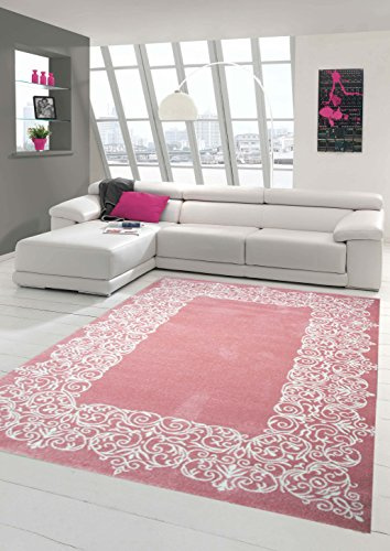 Teppich-Traum Moderner Teppich Wohnzimmerteppich Rosa Weiß 240x340 cm Bordüre