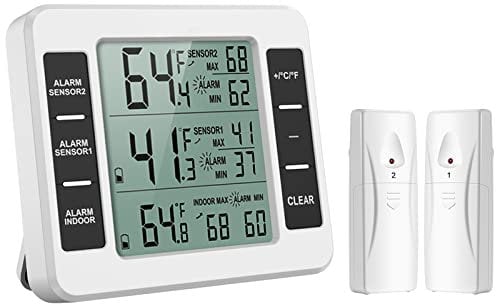 ORIA Kühlschrank Thermometer Gefrierschrank Thermometer, Kühlschrankthermometer Innen Außen Thermometer mit 2 Sensoren, Temperatur Alarm, MIN/MAX, Temperaturtrendanzeige Pfeil