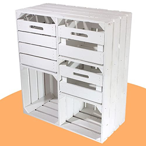 Weißer Holzschrank mit 3 Schubladen 77cm x 68cm x 35cm Regalsystem Vintage Massive Obstkisten Landhausmöbel Bücherregal Schuhregal Regalkisten Dekoration Weinkiste universell