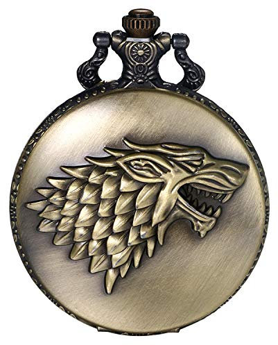 JewelryWe Herren Taschenuhr Vintage 3D Wolf Wolfskopf Quarz Analog Uhr mit Kette Halskette Bronze Geschenk