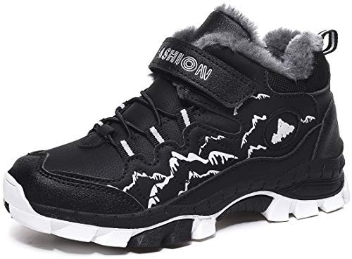 ZYLDK Winterschuhe Jungen Warm Gefütterte Trekking Schuhe Wasserdicht Wanderschuhe Kinder Schneestiefel Outdoor Baumwollschuhe rutschfest mit Klettverschluss, Schwarz, 39 EU