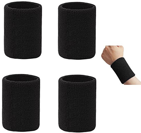 kuou 2 Pairs/4 Pack Black Wrist Sweatband, Athletic Cotton Sweat Bands Wristband Tennis Band For Sports Running Gym