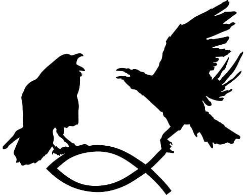 Odin Raben greifen Christenfisch Autoaufkleber | Hugin und Munin fangen Fisch Auto-Aufkleber (Grau/Silber)