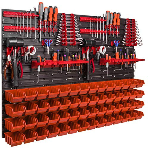 Lagersystem Wandregal 1152 x 780 mm, Werkzeughalterungen, Stapelboxen Schüttenregal Sichtlagerkästen, Extra Starke Wandplatten, Regal Erweiterbar (56 Boxen orange)