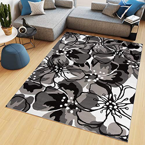 TAPISO Maya Teppich Wohnzimmer Kurzflor Modern Floral Blumen Design Schwarz Grau Weiß Schlafzimmer Kinderzimmer ÖKOTEX 80 x 150 cm