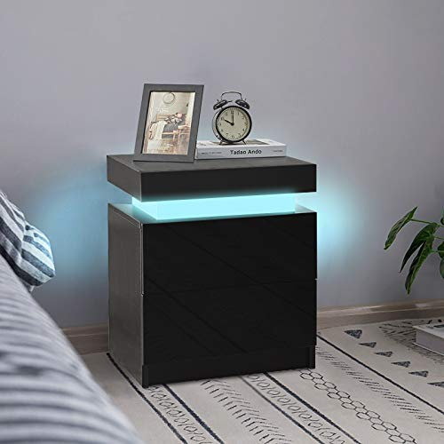 LEMROE Bedside Table with High Gloss Fronts and Adjustable 16 Colors USB LED Lights Bedroom Storage Unit with 2 Drawers Chest Of Drawers for Home Bedroom Living Room (Black)