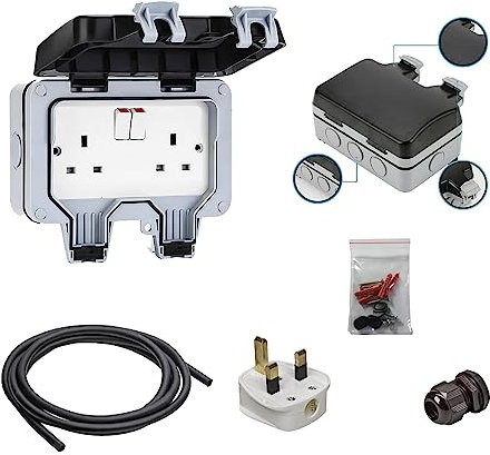 DiiD DIY Exterior Weatherproof Outdoor Double Socket With 15M Kit Extension Lead,IP66 13A Switched Wall Electrical Plug Socket, 2 Gang Power Socket, Outside Garden Plug Socket With Storm Cover.