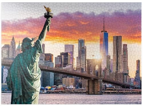 Statue of Liberty and New York City Skyline at Sunset USA - Premium 1000 Piece Jigsaw Puzzle for Adults