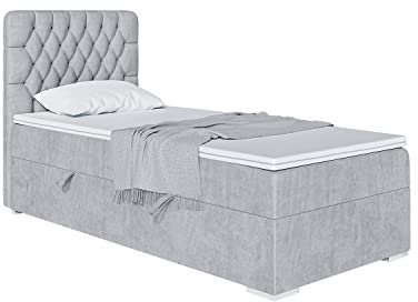 MEBLINI Boxspringbett mit Bettkasten - Gepolstert Einzelbett mit Matratze und Topper - Polsterbett mit Stauraum - Bett mit Kopfteil - Stauraumbett - Dalia - 90x200 Rechts - H3/Hellgrau Samt