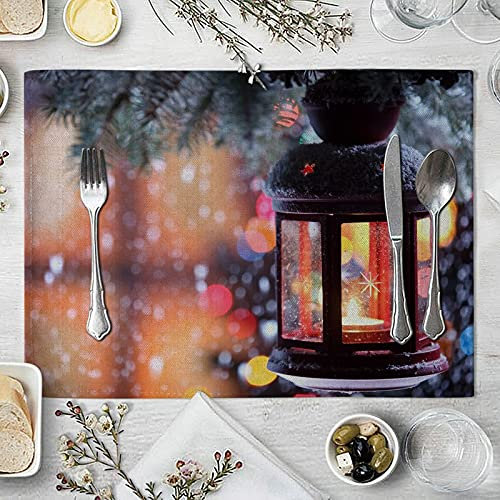 AmDxD Tischset 4er Set, Windlicht Schnee Tischsets aus Baumwolle Leinen, Abwaschbare Platz-Matten für Hause Küche Restaurant und Hotel, 32x42cm, Bunt