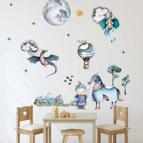 WANDKIND Ritter und Drache Wandtattoo Kinderzimmer V384 | handgezeichnet | AUFKLEBER Kindergarten | Babyzimmer Wandsticker Schloss Prinzessin Heissluftballon Wanddeko (40 x 40 cm)