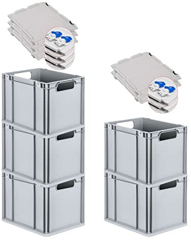 PROREGAL SuperSparSet 5x Eurobox NextGen Economy mit Scharnierdeckel & blauen Verschlüssen | Griffe offen | HxBxT 32x30x40cm | 30 Liter | Eurobehälter Transportbox Transportbehälter Stapelbehälter