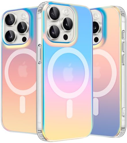 nicekool Hülle für iPhone 15 Pro Kompatibel mit MagSafe, Magnetische HandyHülle Irisierend Farbverlauf Case Kratzfeste Rückseite Durchscheinende Matt Schutzhülle, Holographique Farbverlauf