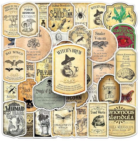 Adkumil 50Pcs Magic Potion Label Stickers,Cartoon Vintage Potion Bottle Tag Vinyl Sticker,Halloween Wine Bottle Glassy Bottle Stickers,Retro Aesthetic Party Gift Stickers for Kids Teens Adults