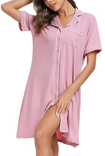 Wikoan Chemise de Nuit Femme Boutons Devant Chemises de Nuit Manches Courtes Robe de Nuit Nuisette Coton Vêtement Robe de Nuit Rose XL