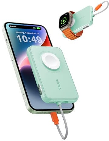 VEGER Power Bank Fast Charger 20W,Built-in iPhone Cable Powerbank,5000mAh Portable Charger USB C Input & Output Battery Pack for iPhone Apple Watch(Supports Wireless Charging) Samsung Huawei etc